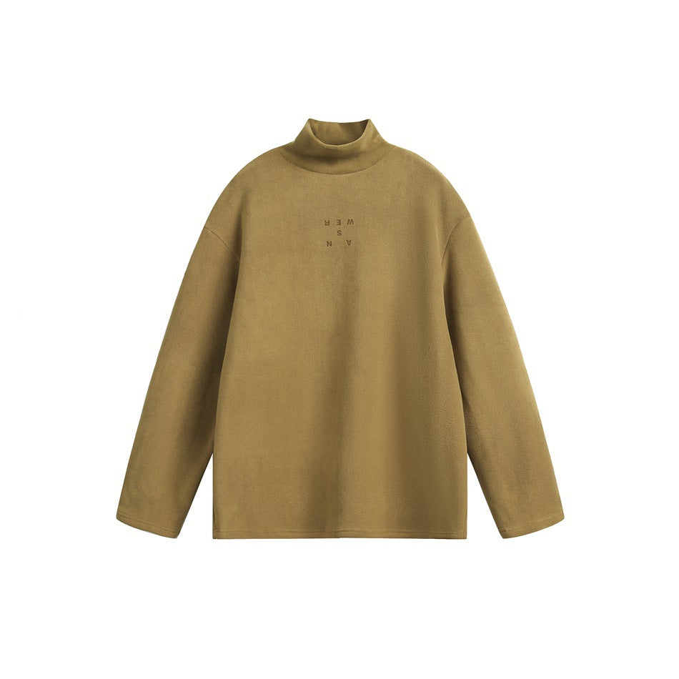 Mustard-brown mock-neck long-sleeve pullover flat lay with small tonal lettering at the center chest