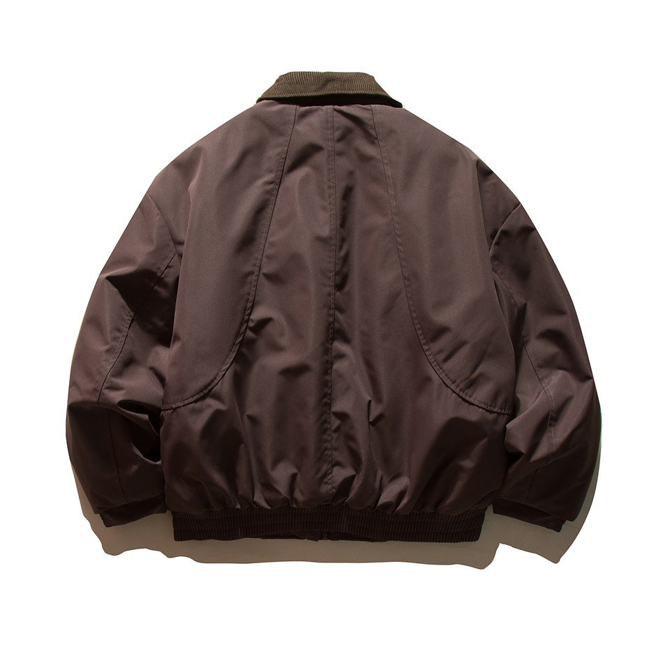 Back view of a dark brown jacket with a dark ribbed collar and waistband.