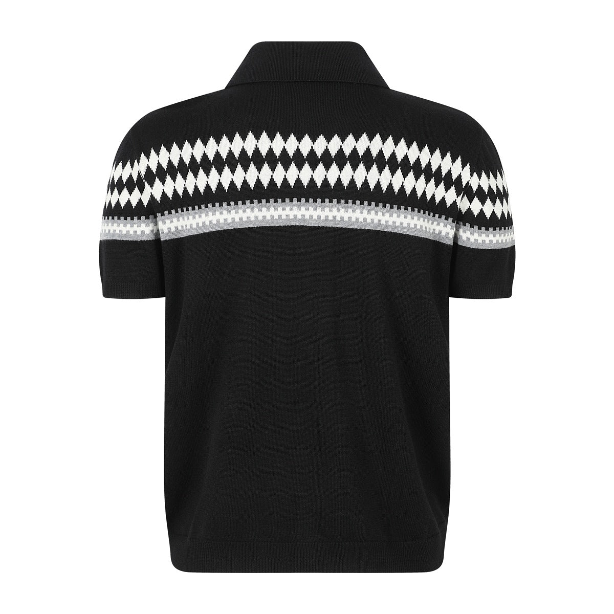 Back view of a black short-sleeve collared knit shirt with white and gray geometric bands across the shoulders.