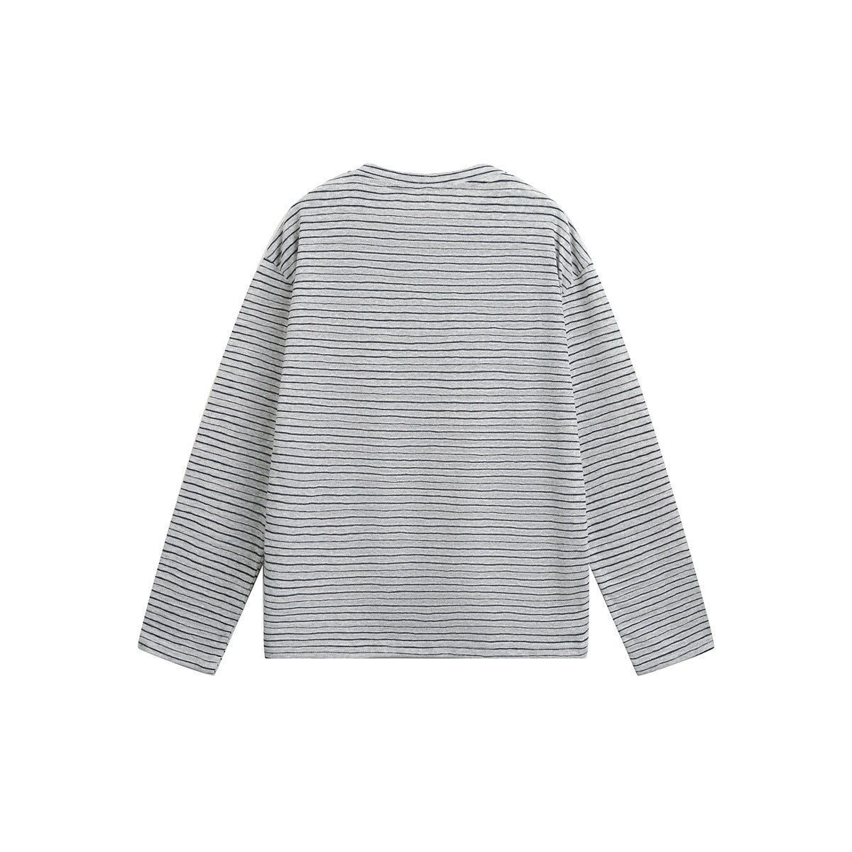 Back view of heather gray long-sleeve crew neck top with thin dark horizontal stripes, flat lay