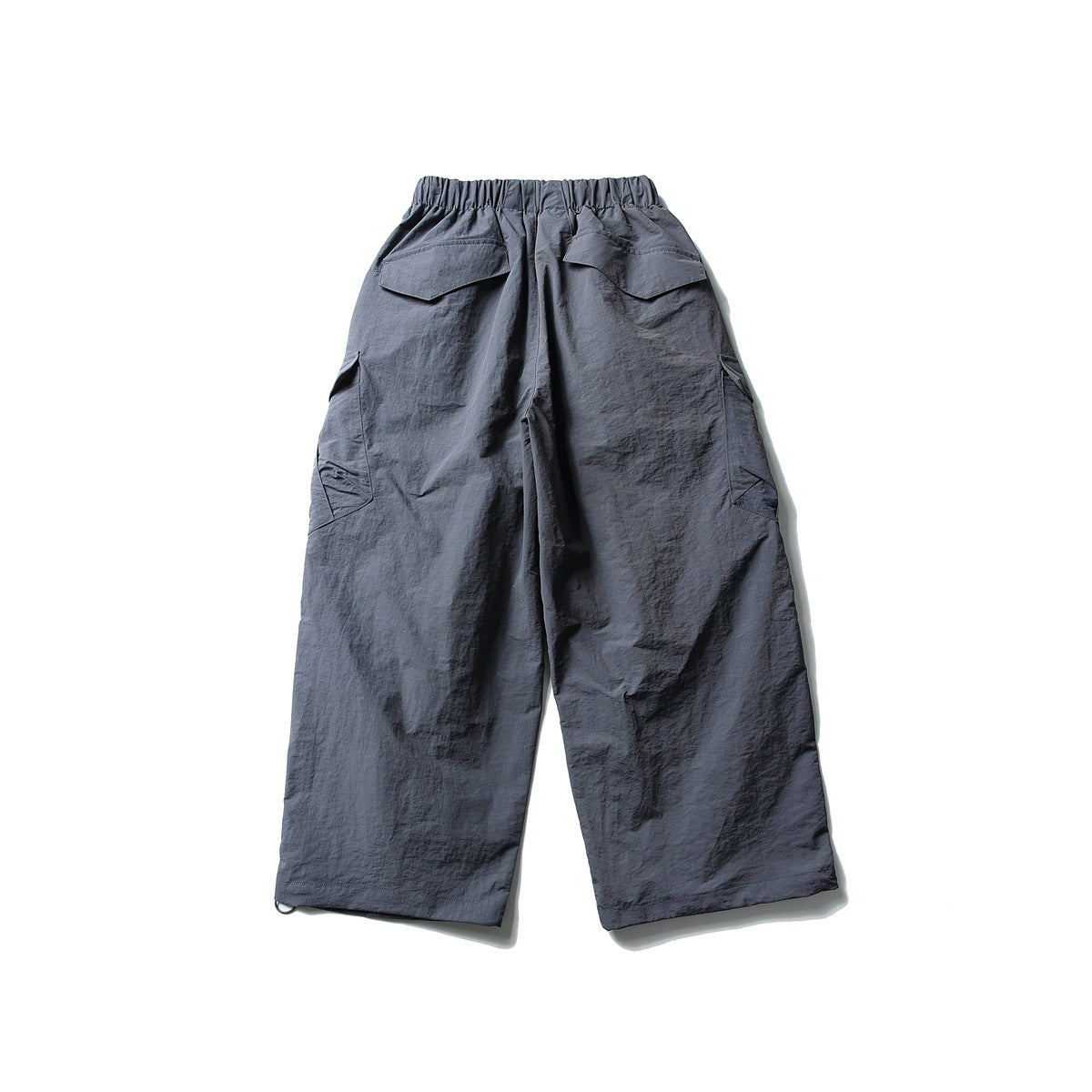Back view of slate-gray wide-leg cargo pants with an elastic waistband and two rear flap pockets.