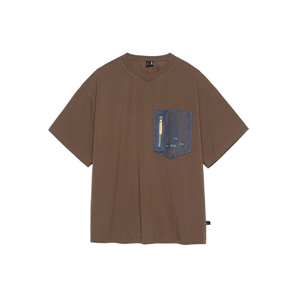 Brown short-sleeve crew-neck T-shirt with a dark gray zippered mesh chest pocket, flat front view