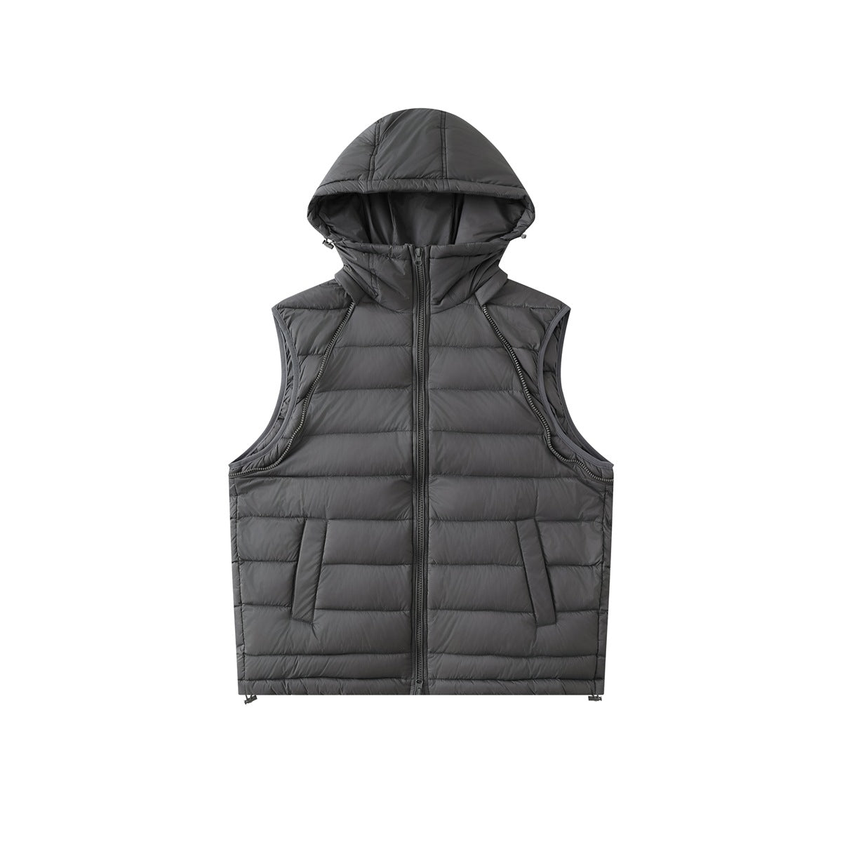 Front view of a charcoal-gray quilted vest with a hood, front zipper, and zippered arm openings.