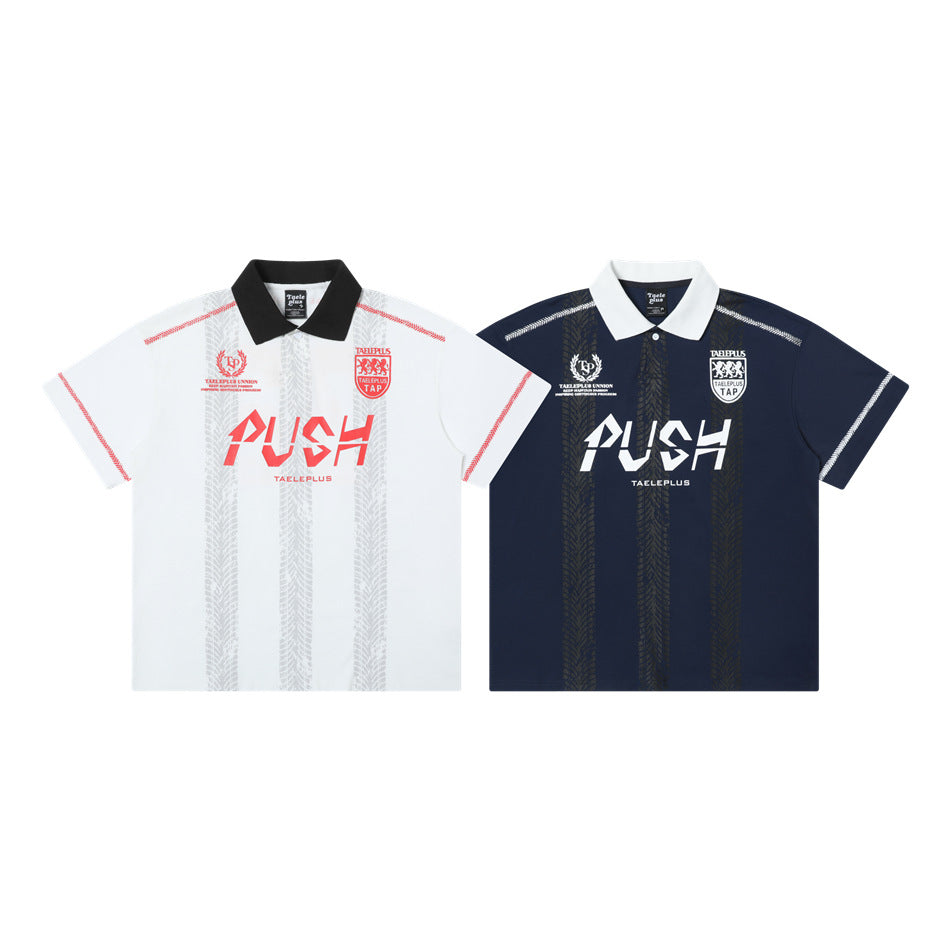 Front views of two graphic polo shirts: white with red and gray details, and navy with white and dark details.