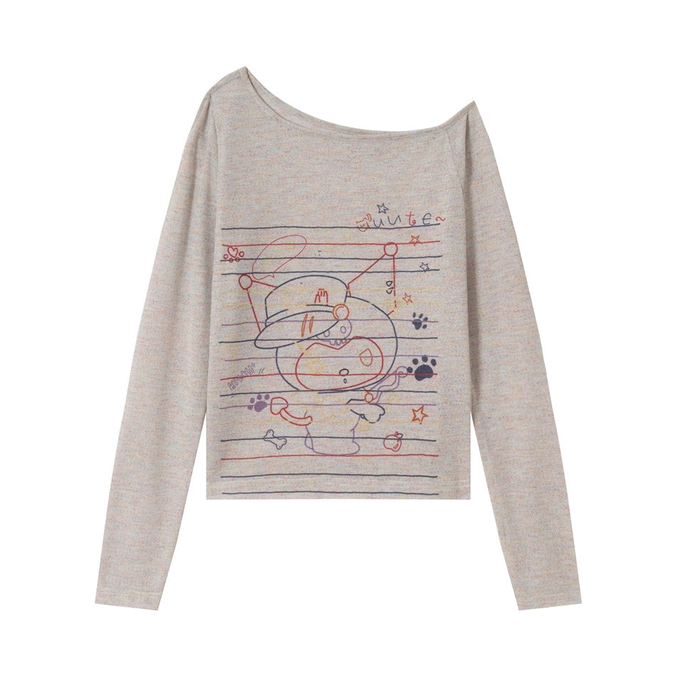 Off-the-shoulder long-sleeve top in heathered taupe with colorful line-drawn cartoon print on horizontal stripes