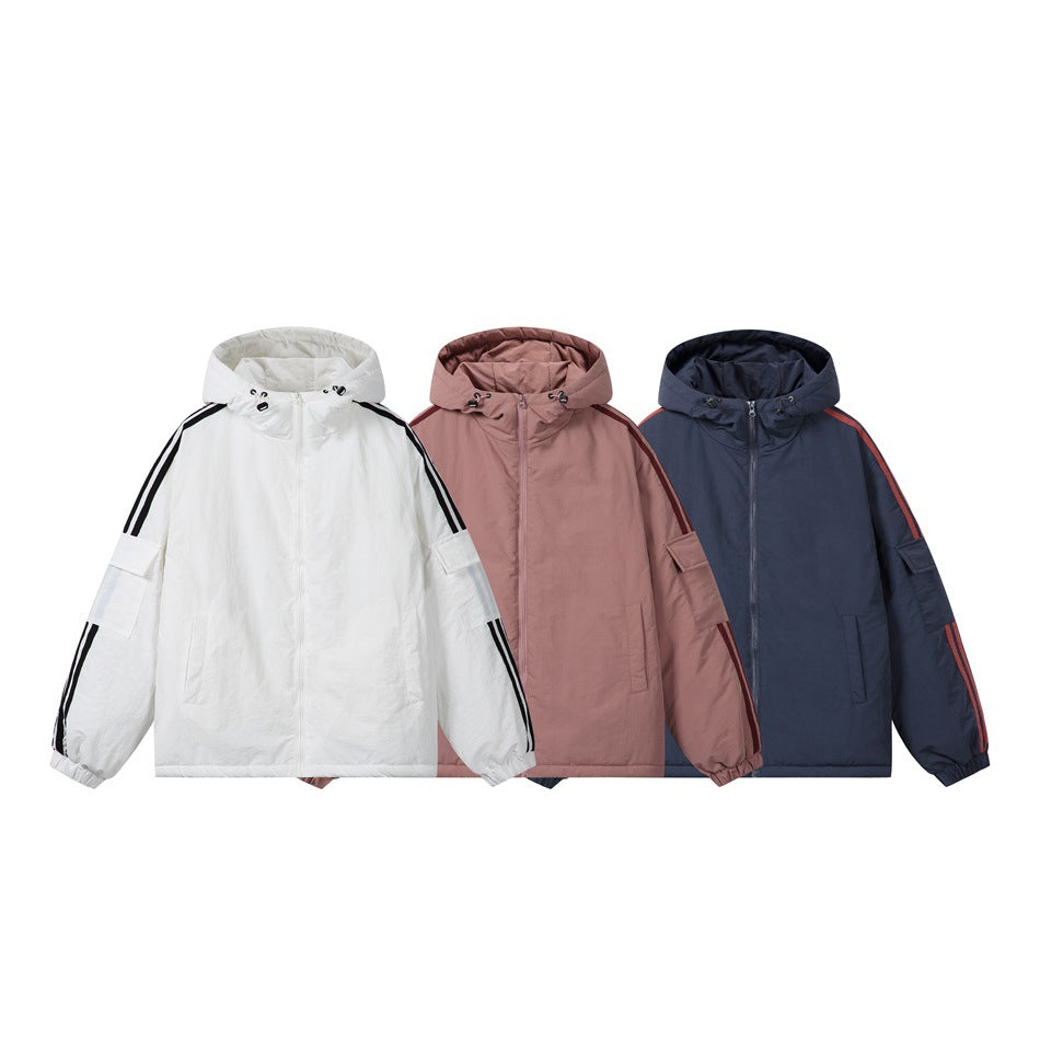 Three hooded zip jackets shown from the front in white, dusty rose and navy, with sleeve stripes and pockets.
