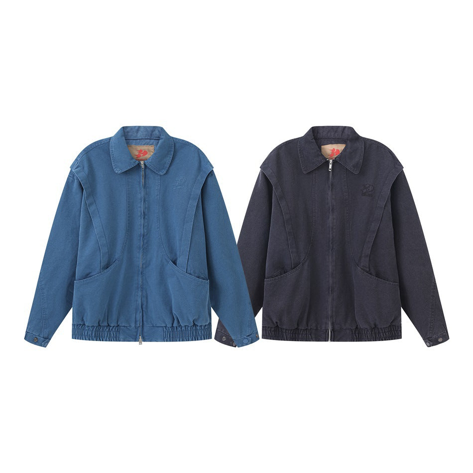 Two zip-front jackets displayed side by side in blue and charcoal, with pointed collars, curved pockets, and gathered hems.