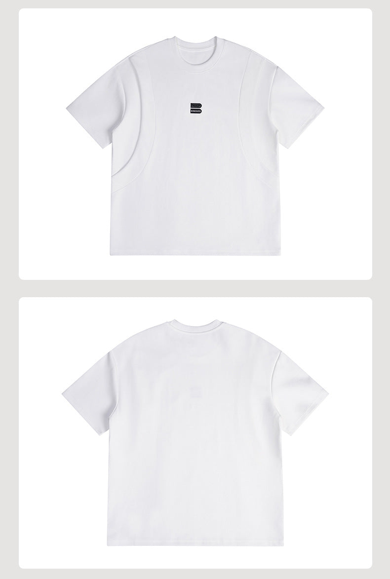 White short-sleeve crew-neck T-shirt shown from the front and back, with curved seam panels and a small chest logo.