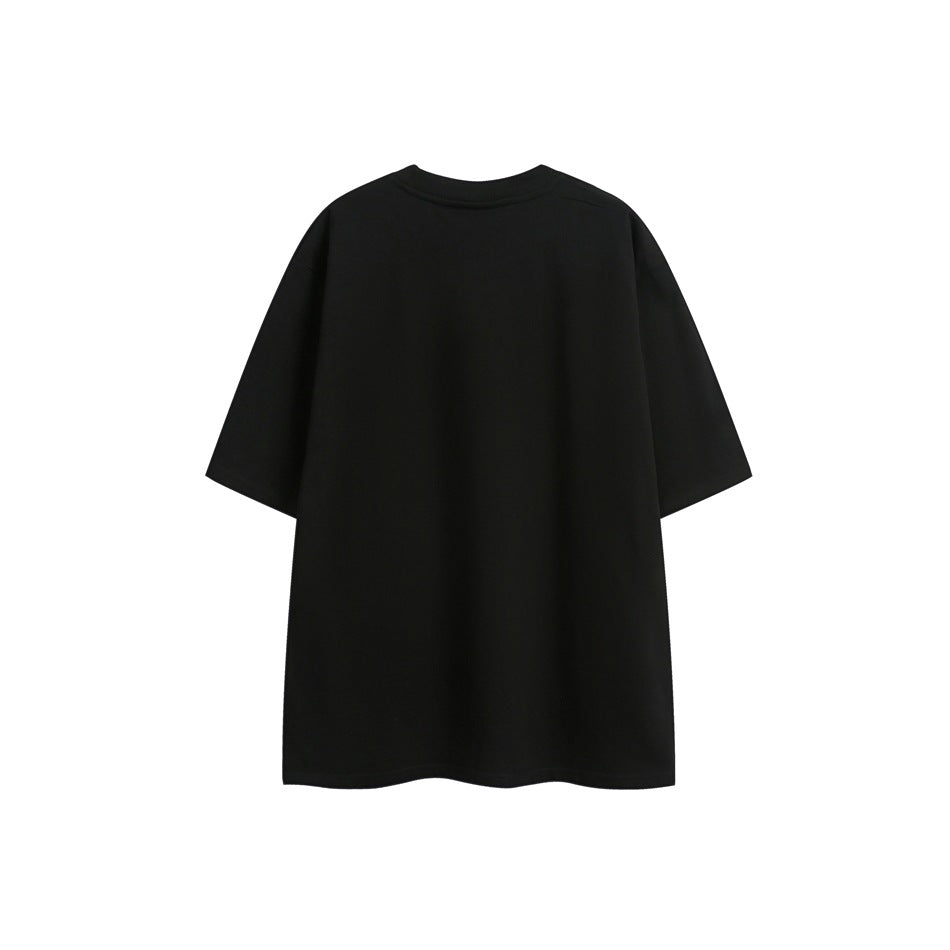 Back view of a plain black short-sleeve crew-neck T-shirt on a white background.