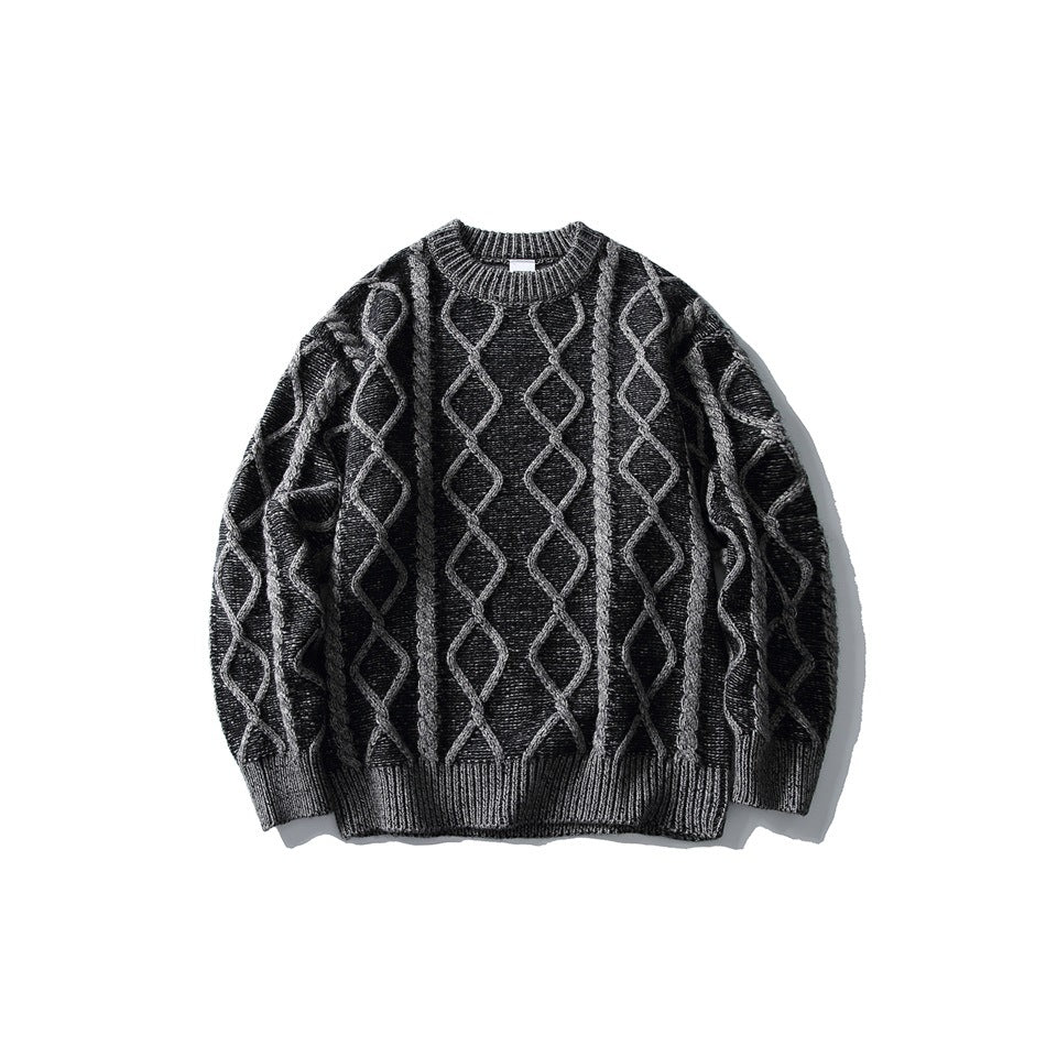 Black crew-neck sweater with gray diamond cable pattern, flat front view