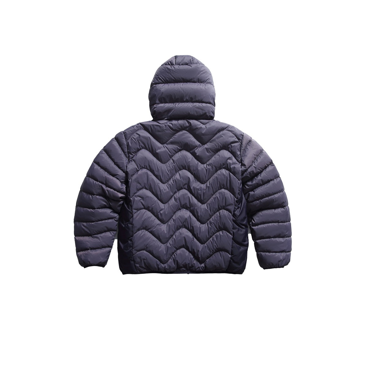Back view of dark purple hooded puffer jacket with wavy horizontal quilted channels and quilted hood