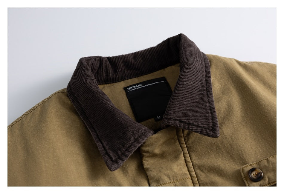 Close-up of an olive-brown jacket's dark ribbed collar, button front, and black NOTBRAND neck label.