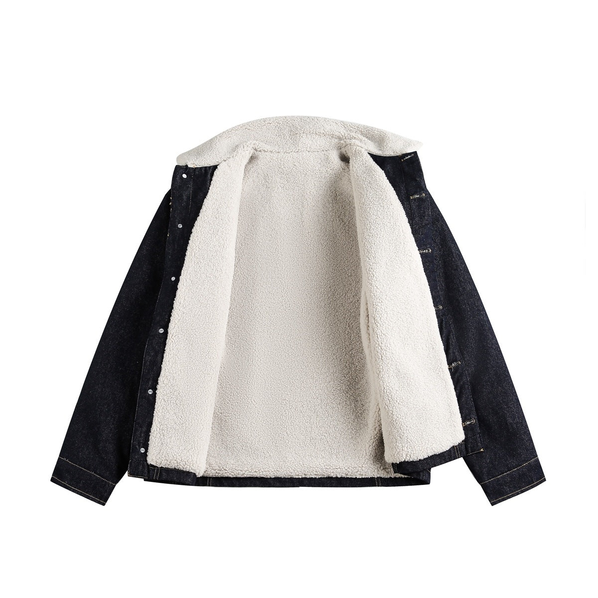 Open dark denim jacket showing its full cream sherpa lining and button closure.