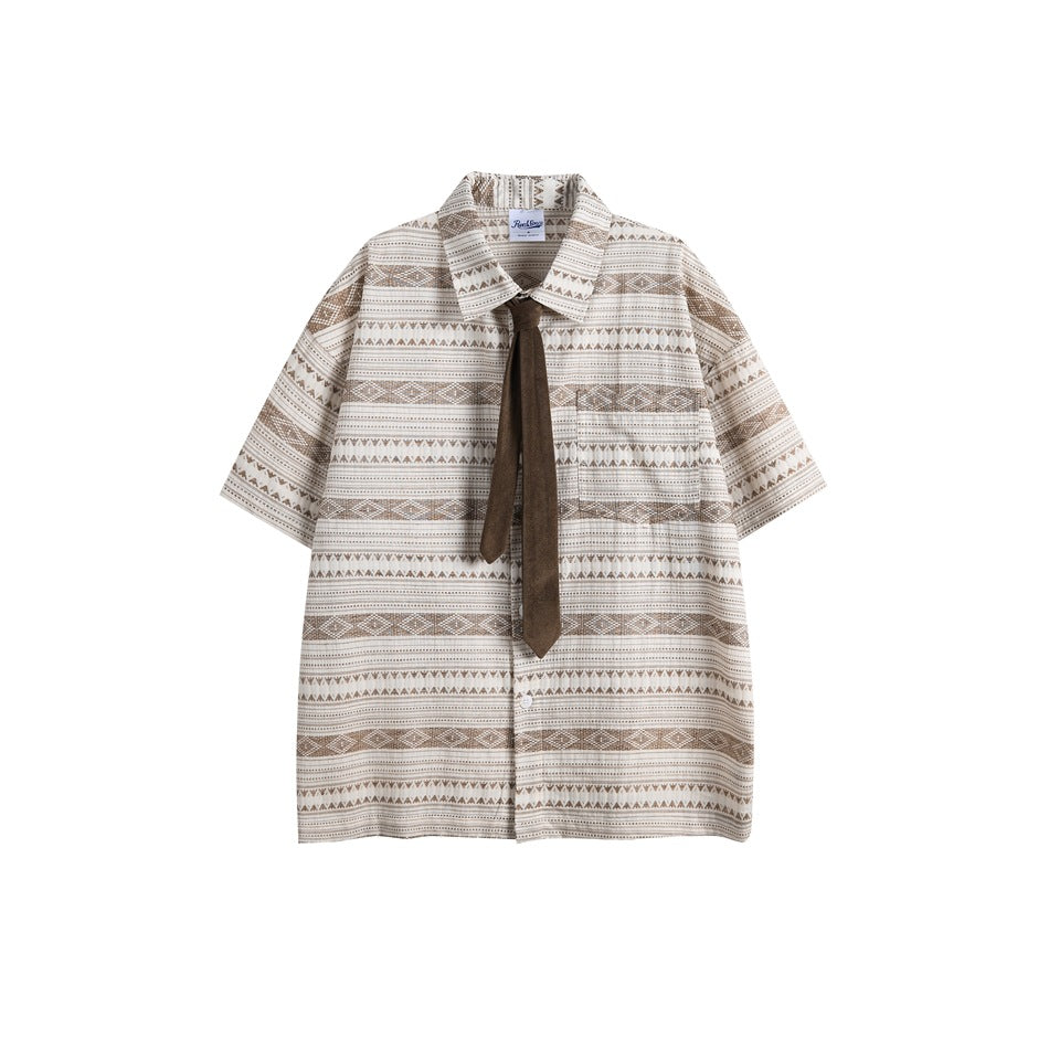 Brown and cream geometric striped short-sleeve button shirt with chest pocket and brown tie, flat lay