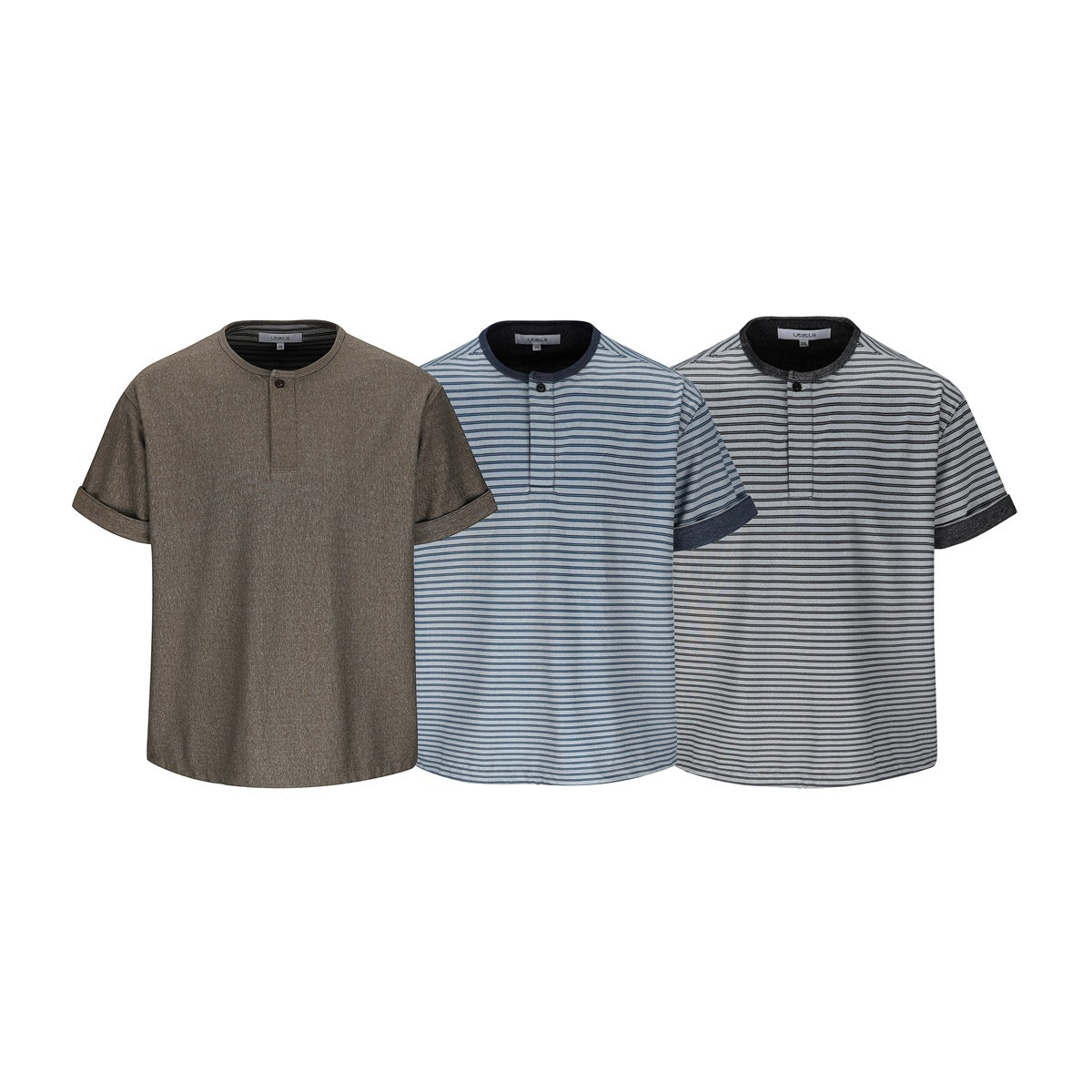 Three short-sleeve shirts shown from the front: solid brown and blue-gray or gray striped styles with dark trim.