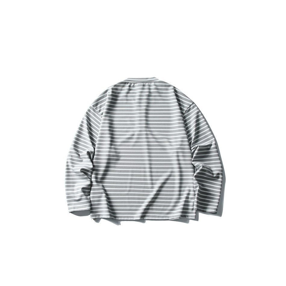 Back view of a gray-and-white horizontally striped long-sleeve shirt with a band collar.