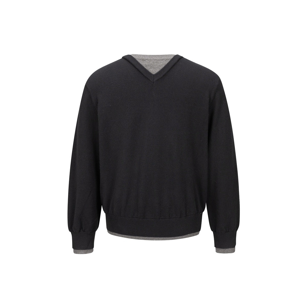 Front view of a black long-sleeve V-neck sweater with gray contrast knit visible at the neckline, hem, and cuffs.