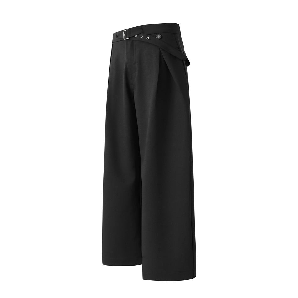 Black wide-leg trousers shown from the front at an angle, with a buckle belt detail at the waist.