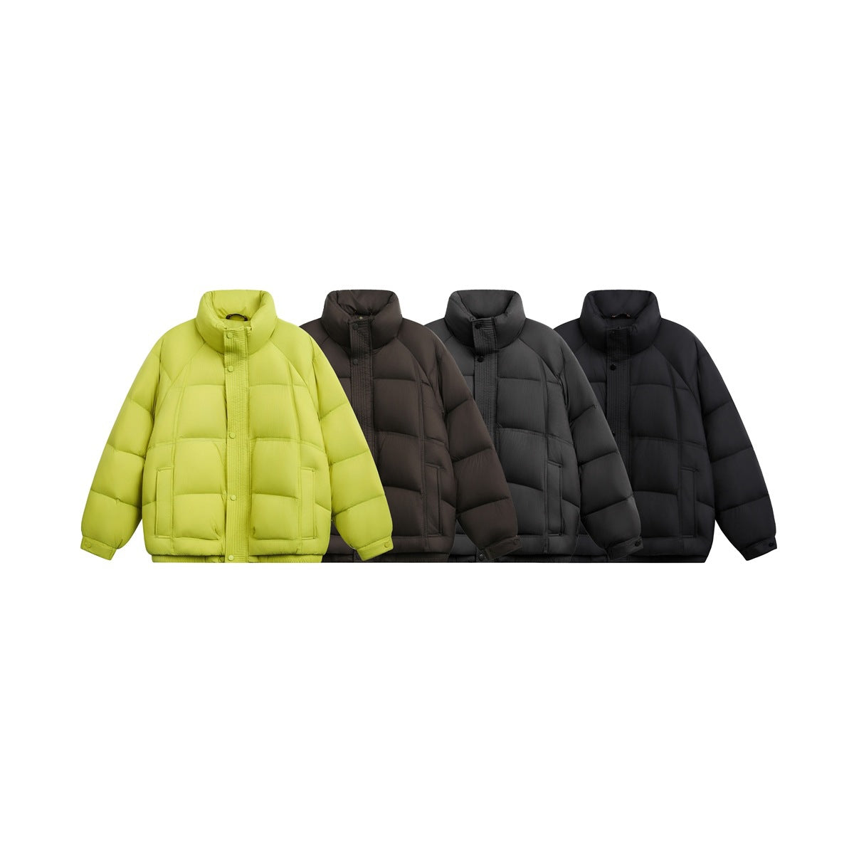 Four front-facing padded jackets with high collars and front pockets in lime, brown, charcoal, and black.