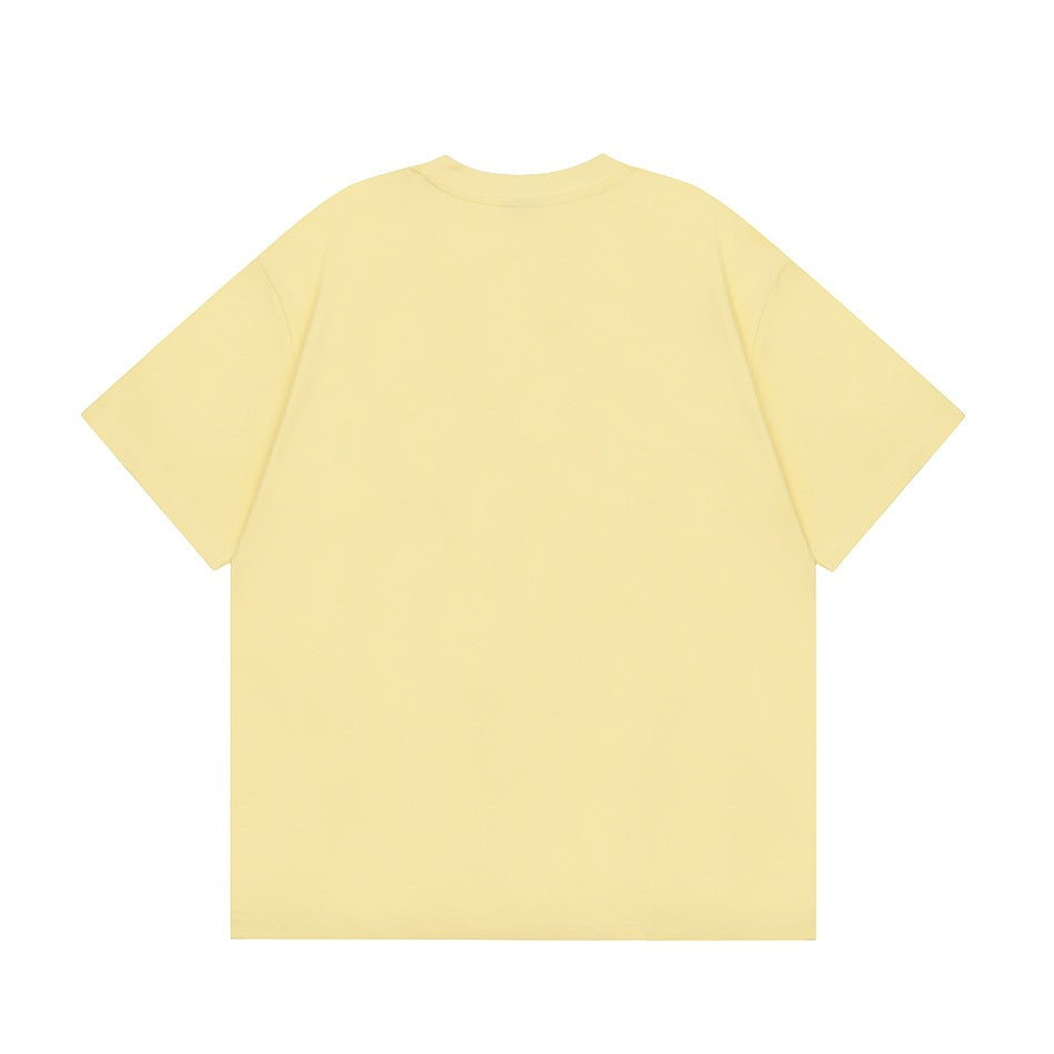 Plain pale-yellow short-sleeve crew-neck T-shirt shown flat against a white background.