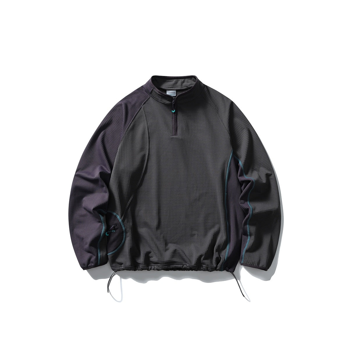 Charcoal gray half-zip pullover with dark purple sleeves, teal stitching and drawcord hem, flat lay