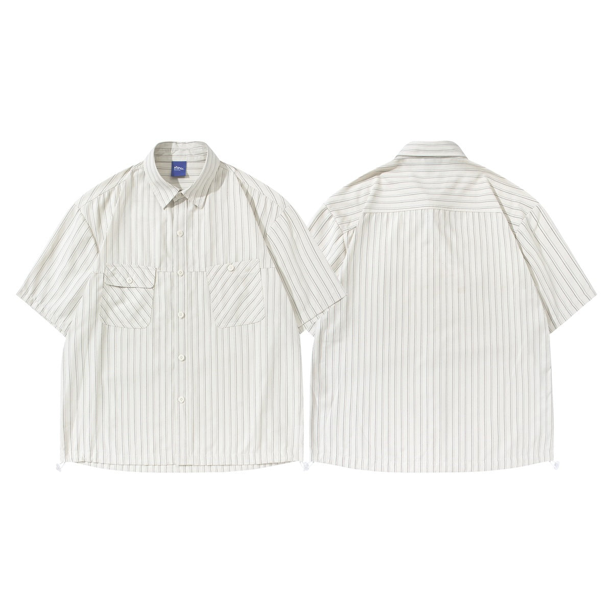 Front and back views of an off-white short-sleeve button-up shirt with thin dark stripes and two front pockets.