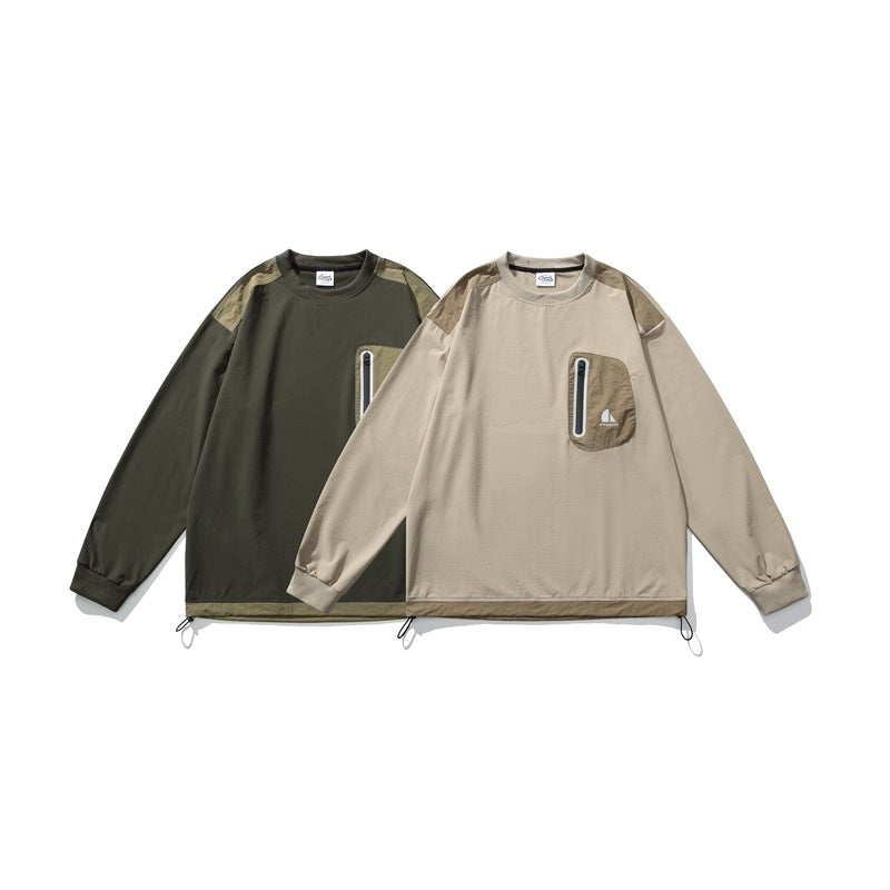Two long-sleeve pullovers shown together in dark olive and taupe, each with contrast panels and a zippered chest pocket.