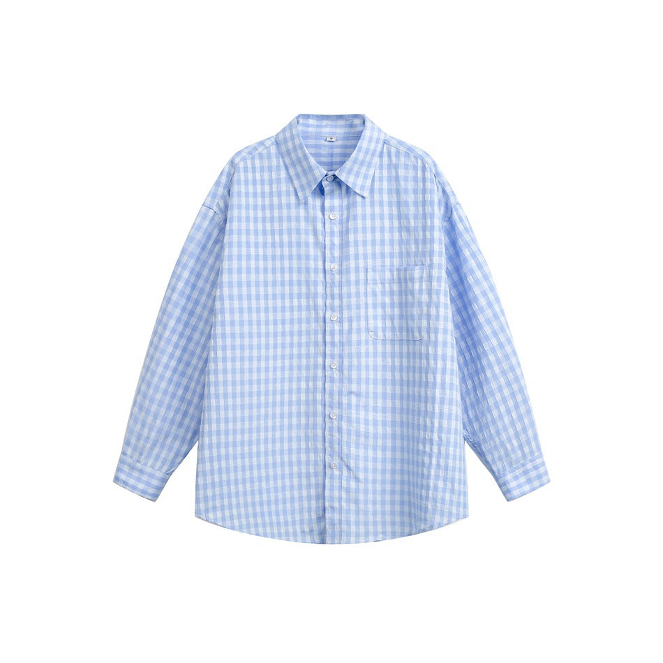 Light blue and white gingham long-sleeve button-up shirt with chest pocket, flat lay on white background