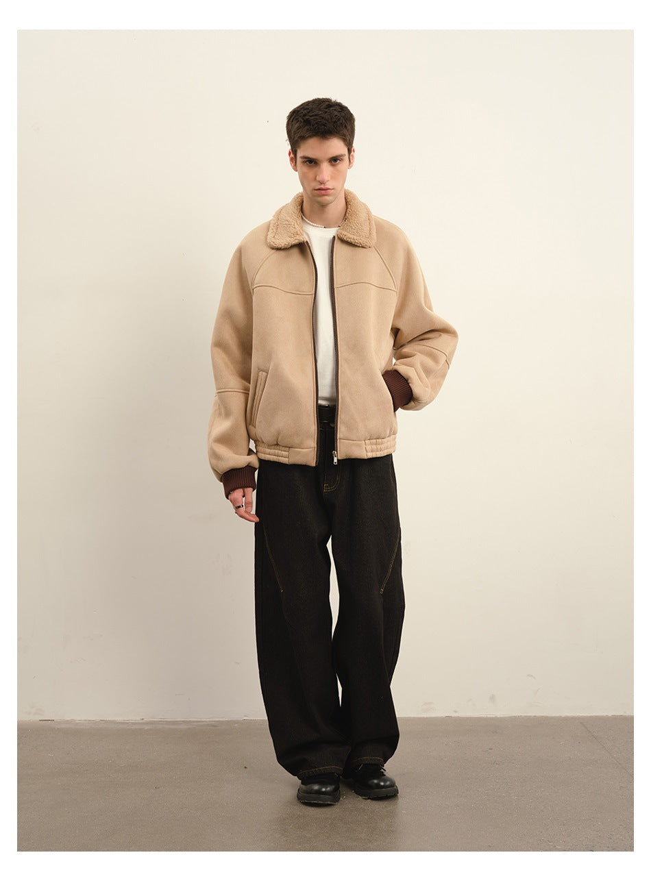 Full-length model wearing a light beige zip-front jacket with a plush collar and dark cuffs, shown from the front.