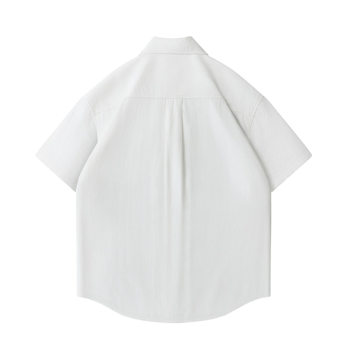 White short-sleeve shirt back view with back yoke and center pleat, flat lay