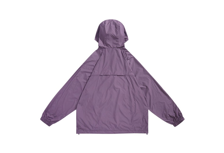 Back view of a muted purple hooded jacket with long sleeves, elastic cuffs, and a horizontal upper-back seam.
