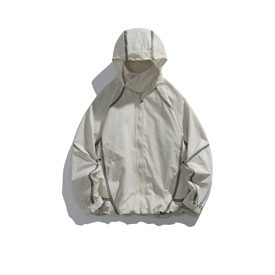 Off-white sand hooded zip jacket with gray contrast piping, flat lay front view