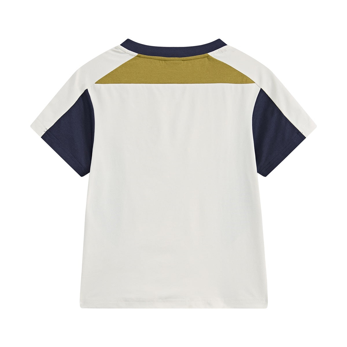Back view of cream short-sleeve tee with olive yoke panel, navy sleeves and navy ribbed collar
