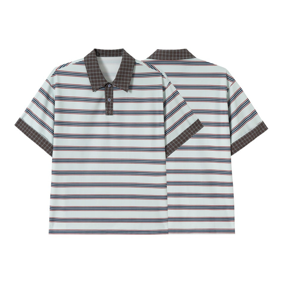 Pale mint polo shirt with horizontal navy and red stripes, brown plaid collar and cuffs; front and back views shown.
