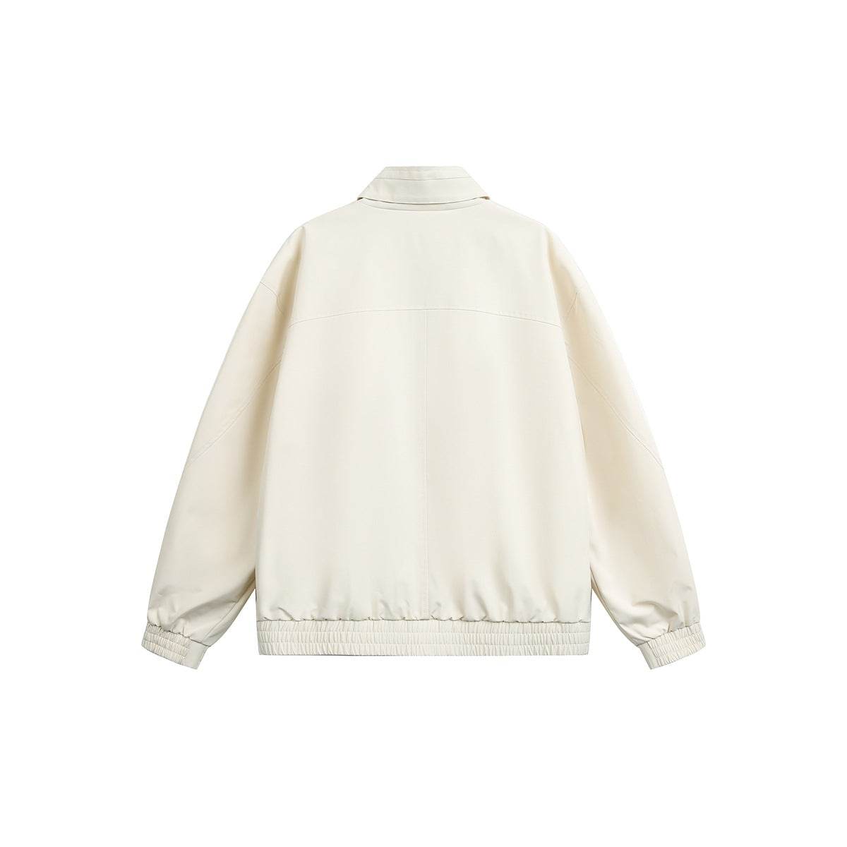 Back view of a cream jacket with a high collar, long sleeves, and elasticated cuffs and hem.