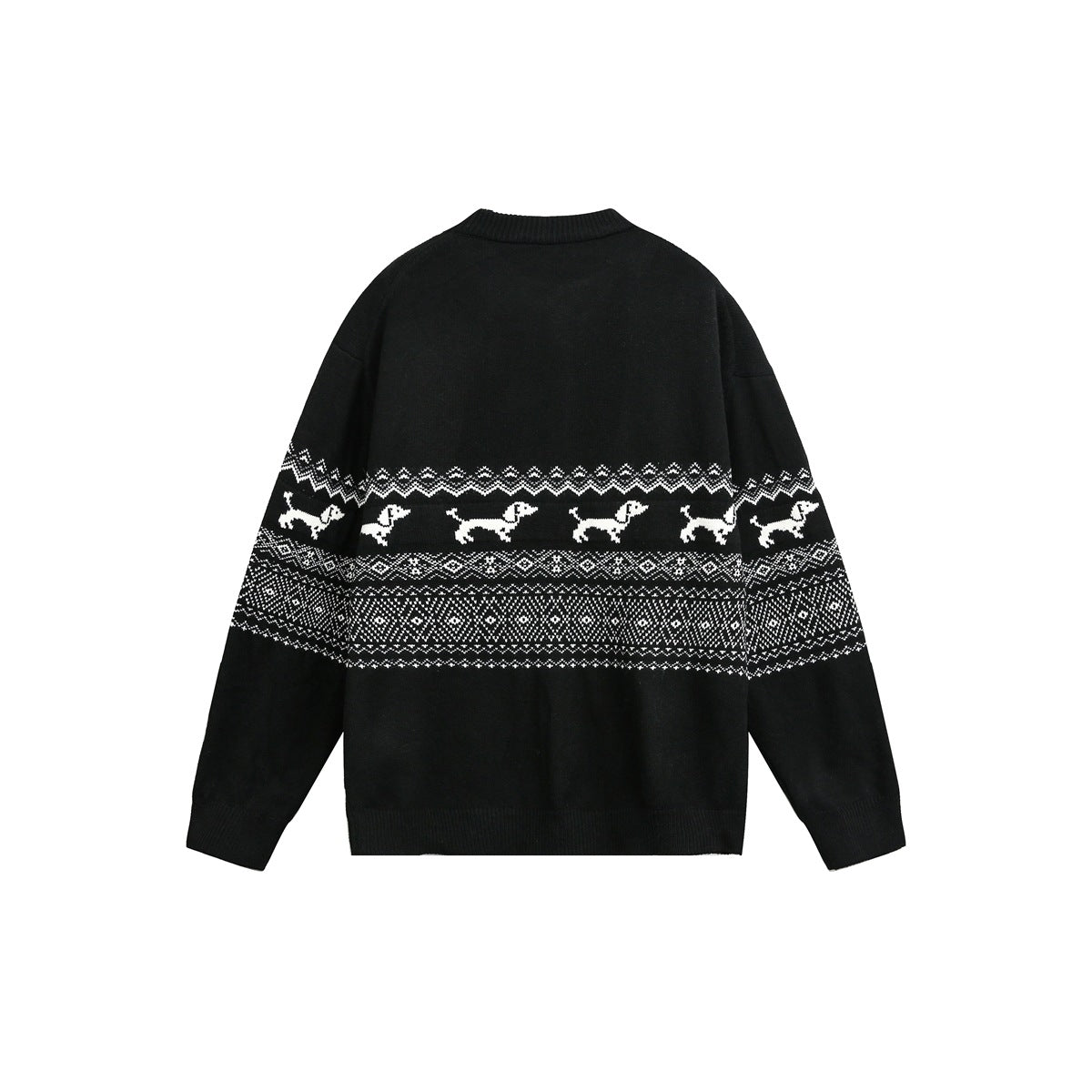 Back view of a black knit cardigan with white dog motifs and geometric bands across the sleeves and body.