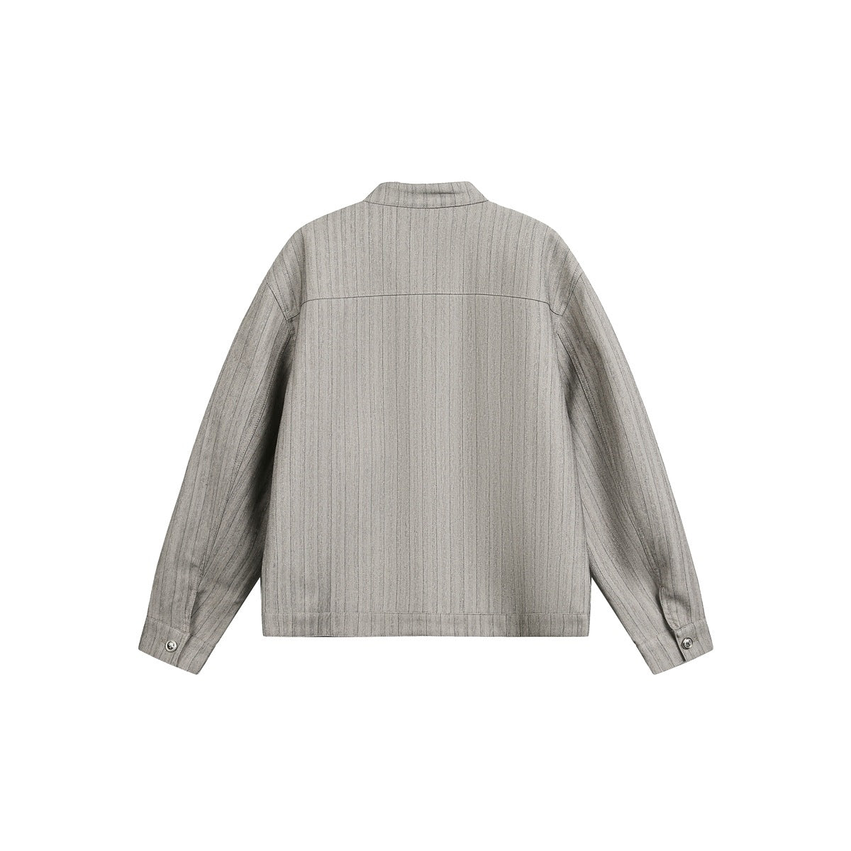 Back view of a light gray pinstriped jacket laid flat, showing long sleeves, cuffs, and a horizontal back seam.