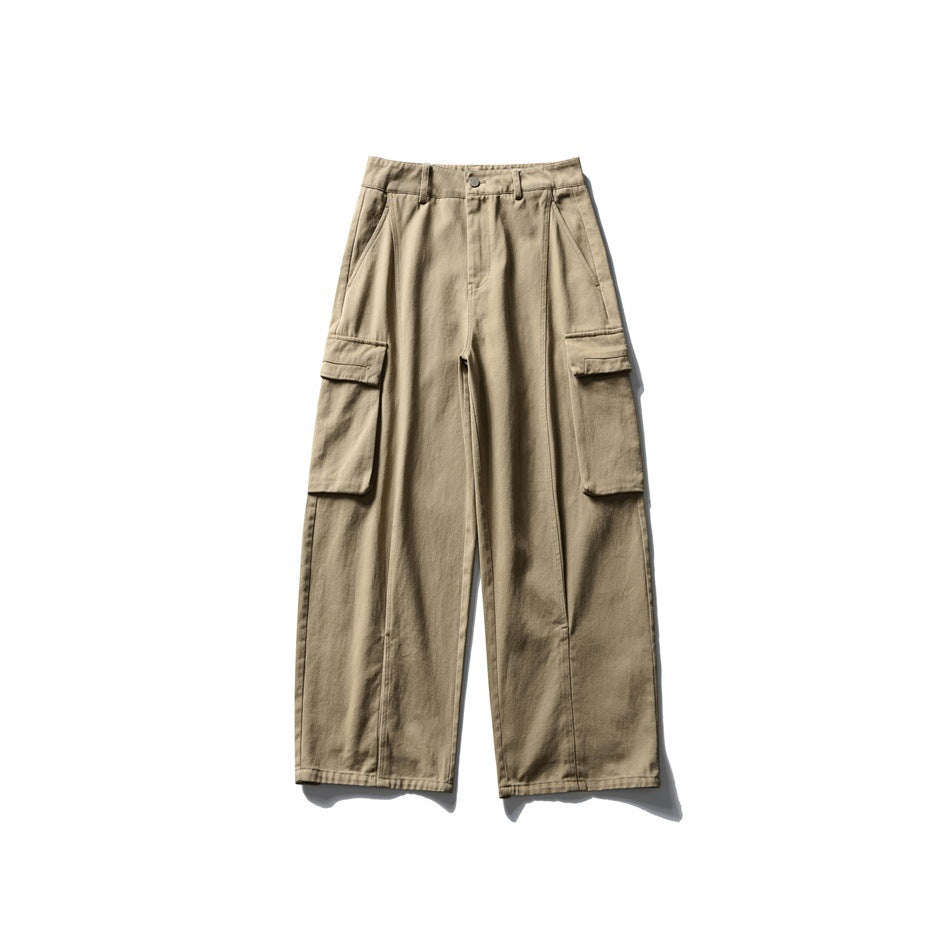 Khaki wide-leg cargo pants flat lay, front view, with large flap side pockets and button waist