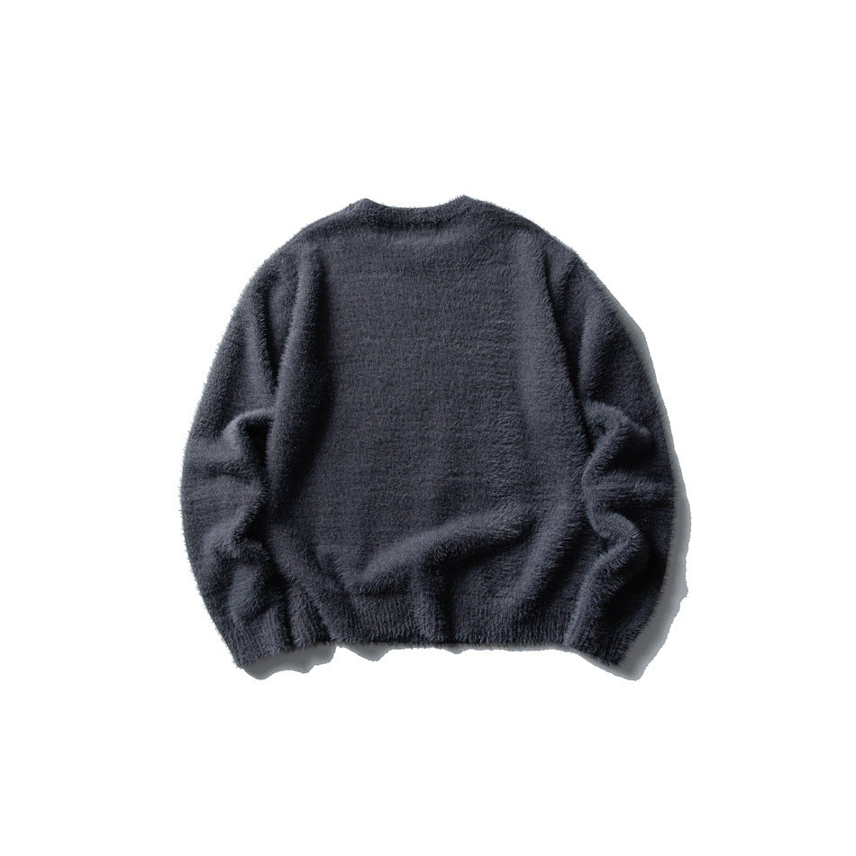 Dark blue-gray fuzzy knit crew-neck sweater, flat lay back view