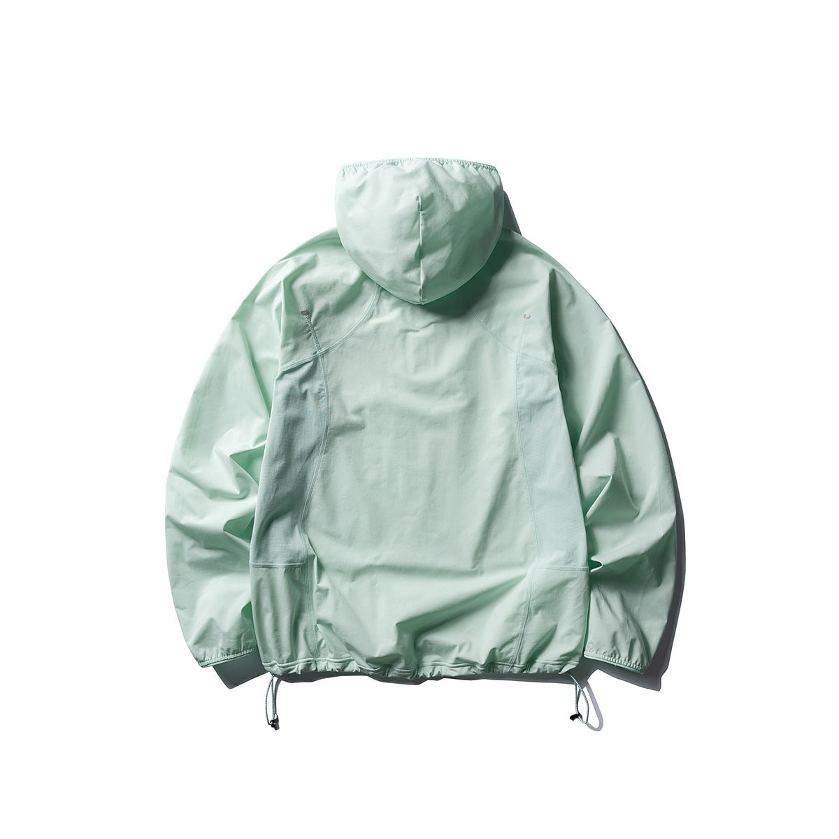 Back view of a pale mint hooded pullover jacket with curved seams, elastic cuffs and hem, and adjustable drawcords.