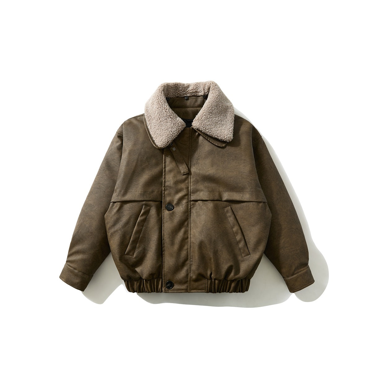Front flat lay of brown distressed jacket with beige fleece-like collar, button front and slanted pockets