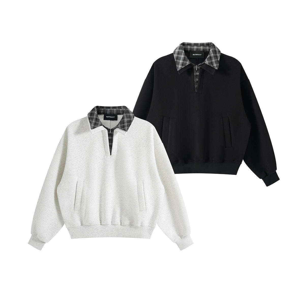 Two pullover sweatshirts, one light gray and one black, with plaid collars, quarter zips, and front pockets.