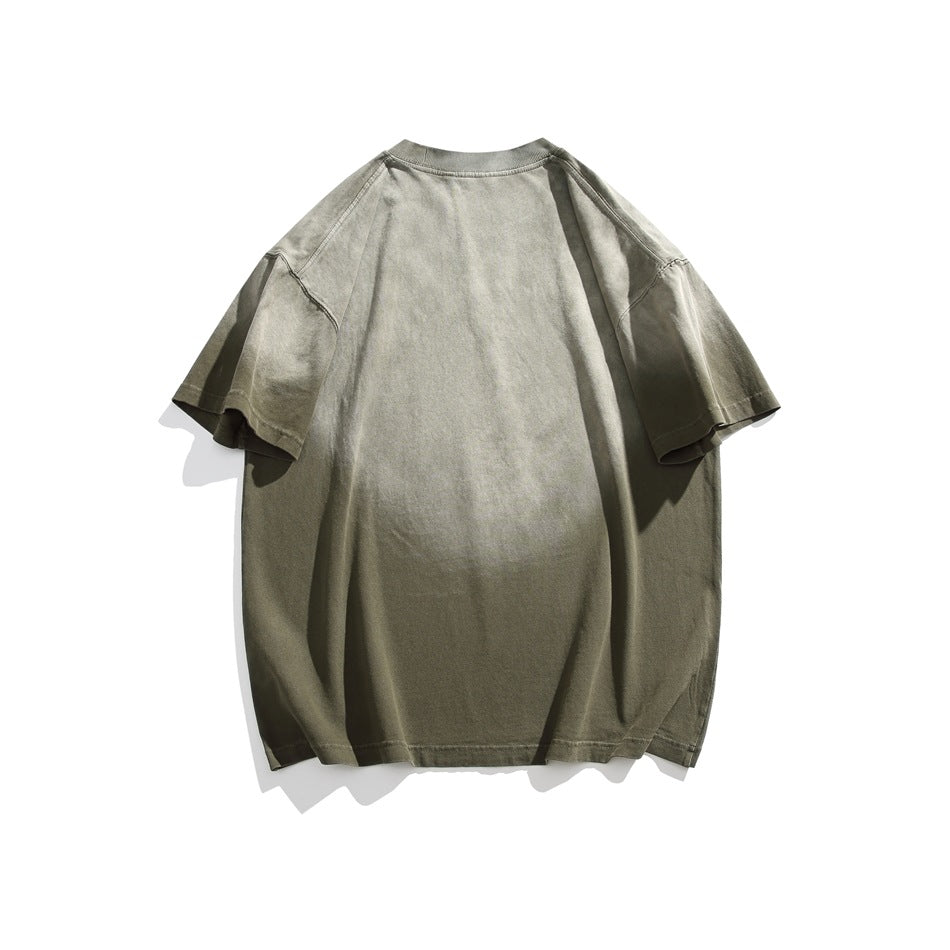 Back view of a plain oversized olive-gray short-sleeve T-shirt laid flat on white.
