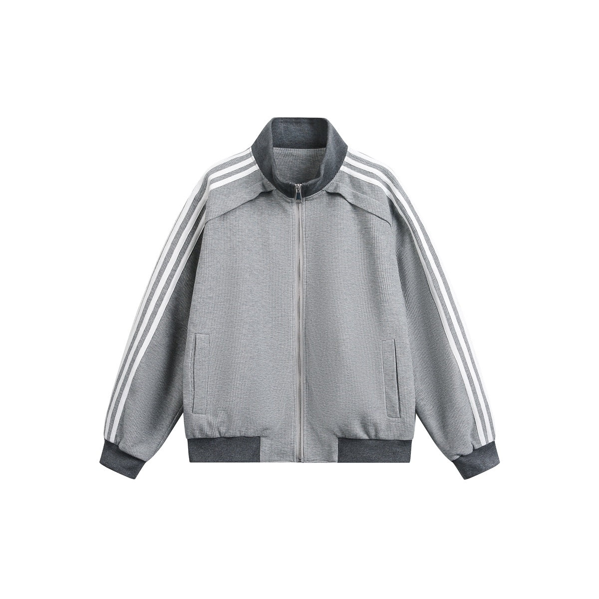 Gray full-zip stand-collar jacket with white sleeve stripes and dark gray ribbed collar, cuffs and hem, flat front view