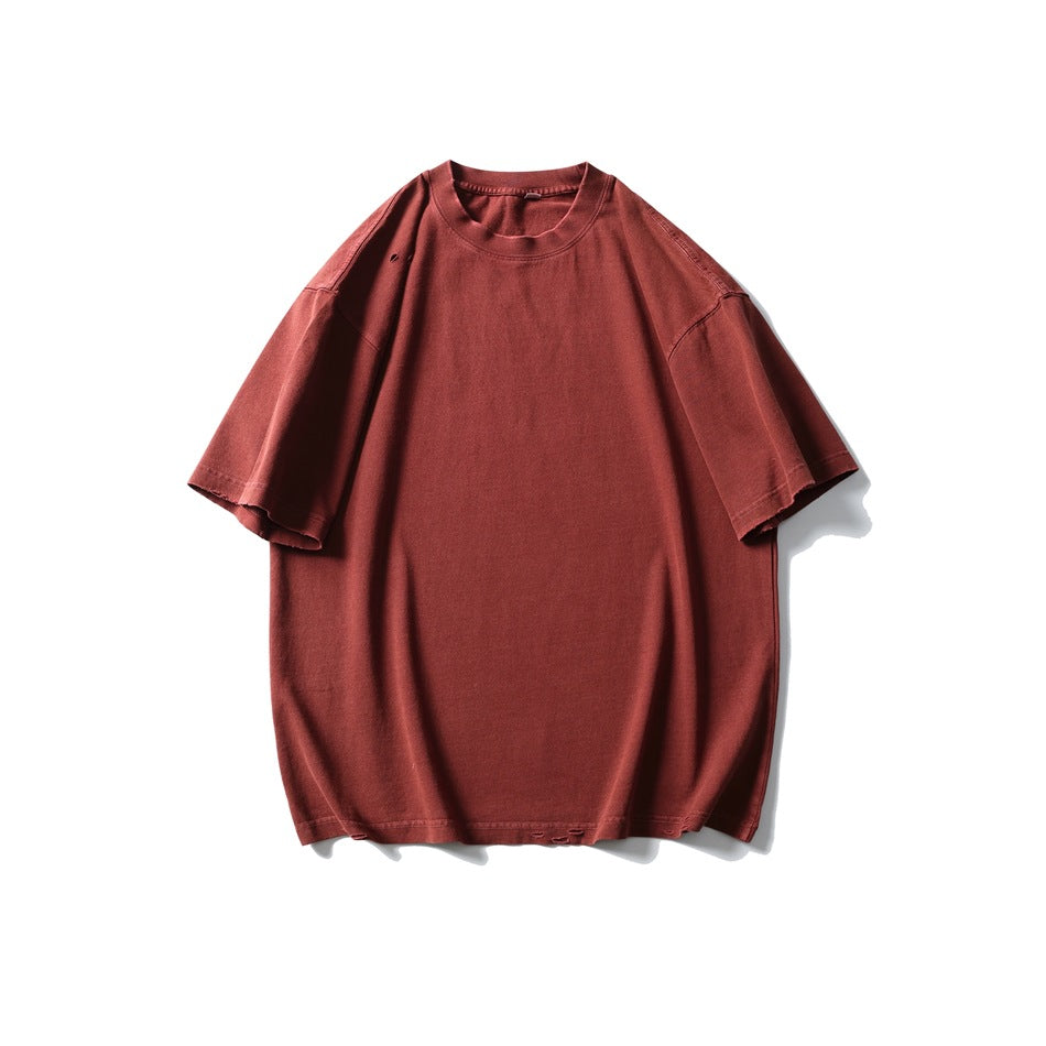 Vermilion red distressed short-sleeve crew-neck T-shirt, flat front view on white background