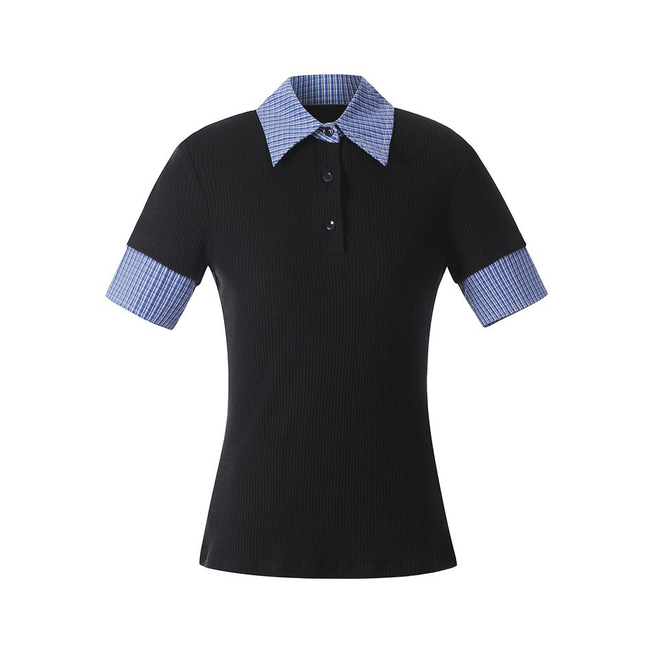 Black ribbed short-sleeve polo top with blue plaid collar and cuffs, flat front view on white