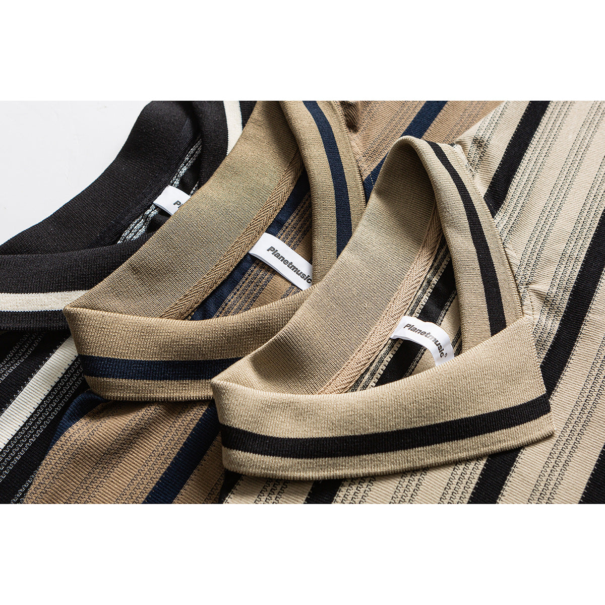 Close-up of striped knit shirt collars and fabric in beige, black, and dark blue, with labels visible.