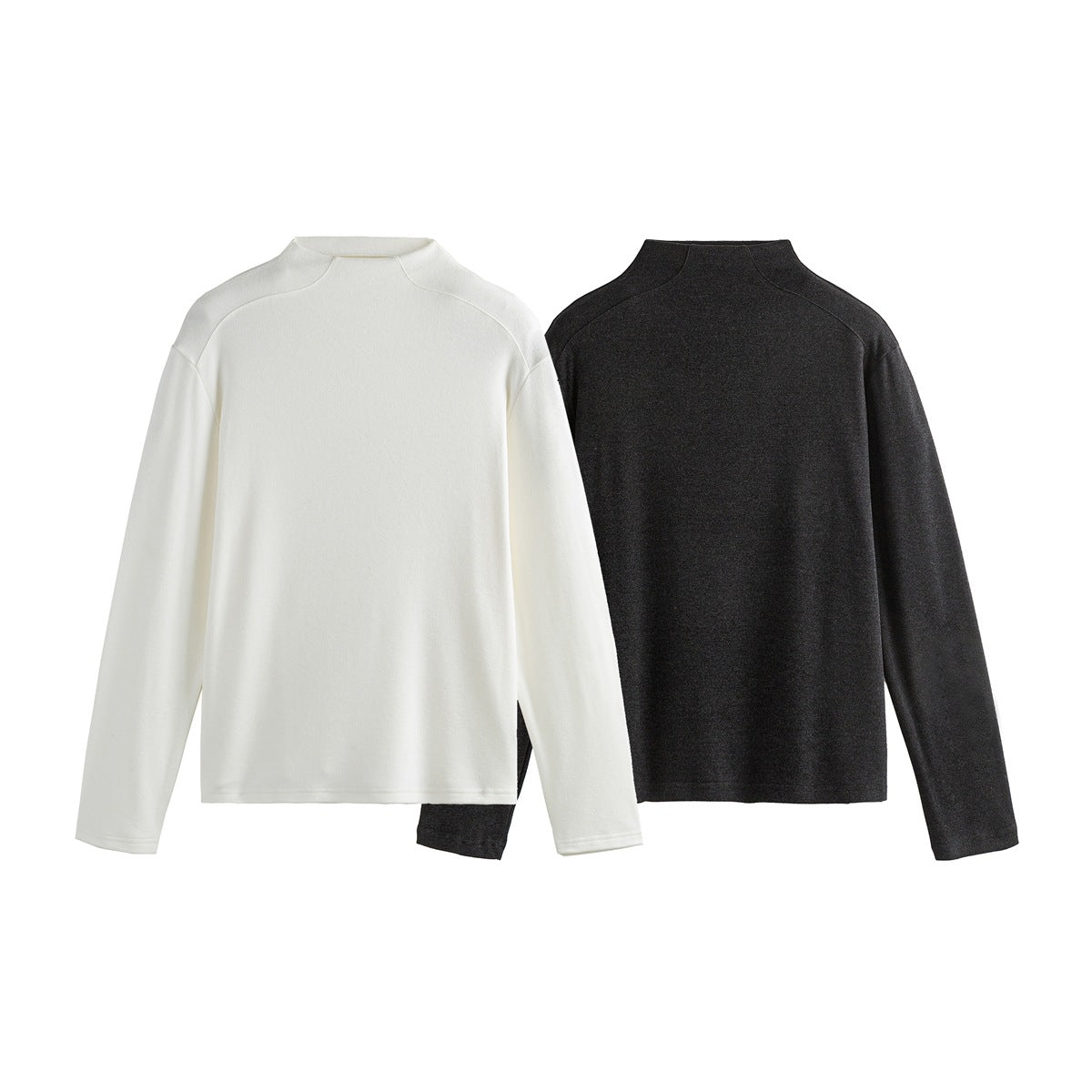 White front and charcoal back views of long-sleeve tops with high necklines.