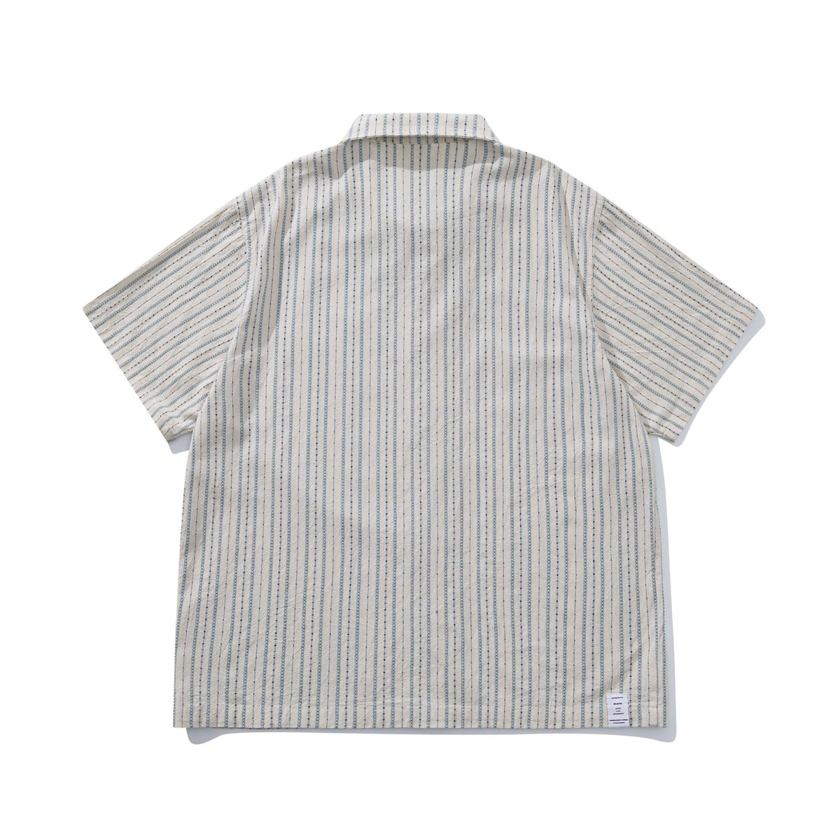 Back view of a cream short-sleeve button-up shirt with narrow blue patterned vertical stripes.