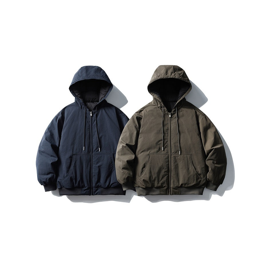 Two front-view hooded zip-up jackets displayed side by side in navy and olive gray.